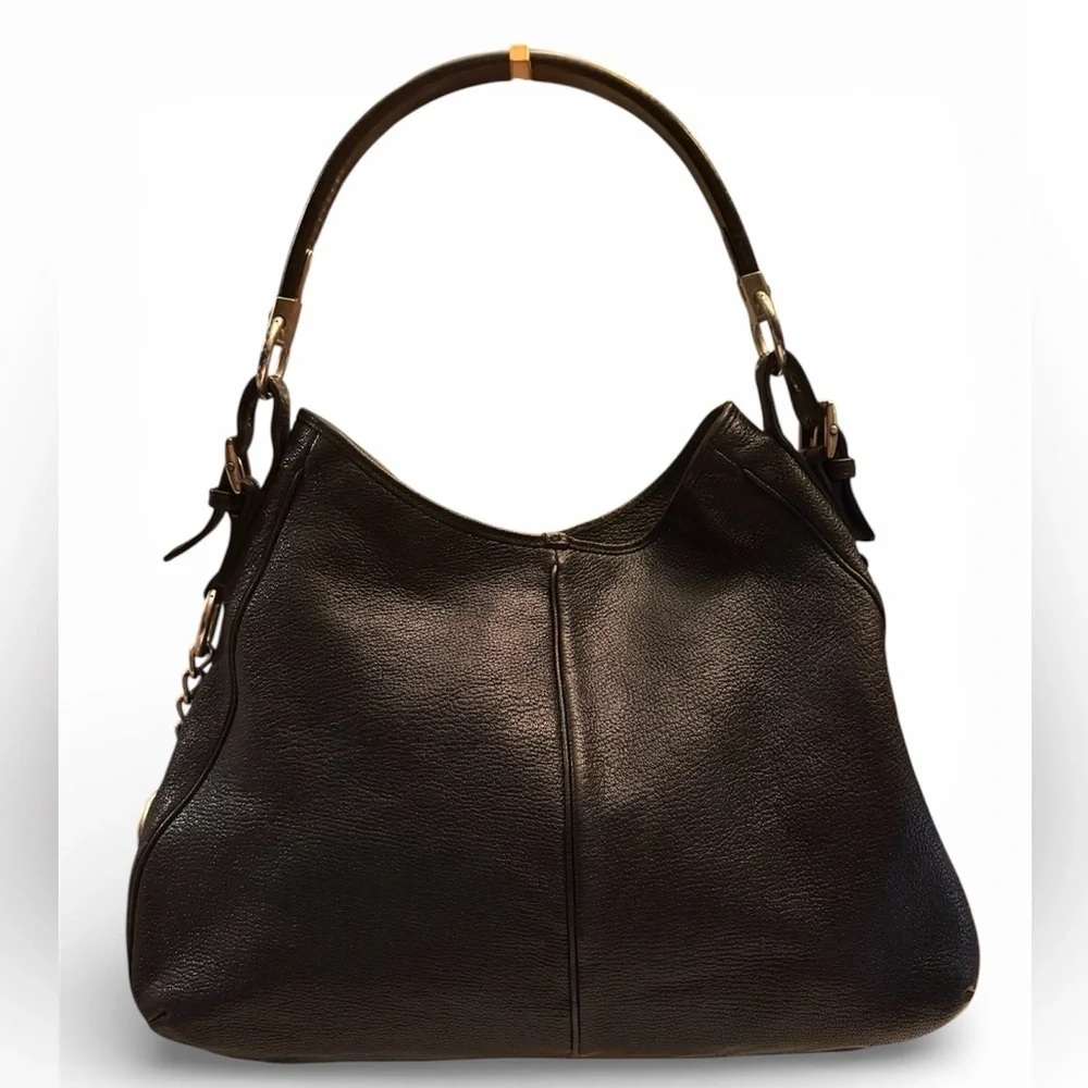 Sergio Rossi Large Black Pebbled Leather Hobo Handbag With Wooden Handle